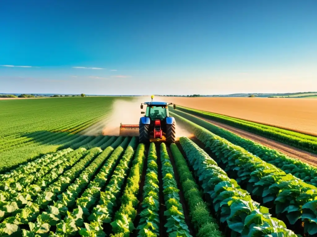 Campo verde 5G: Conexión rural y moderna Implementación 5G en una pintoresca y detallada imagen de un paisaje rural agrícola, con campos verdes y un tractor moderno bajo un cielo azul