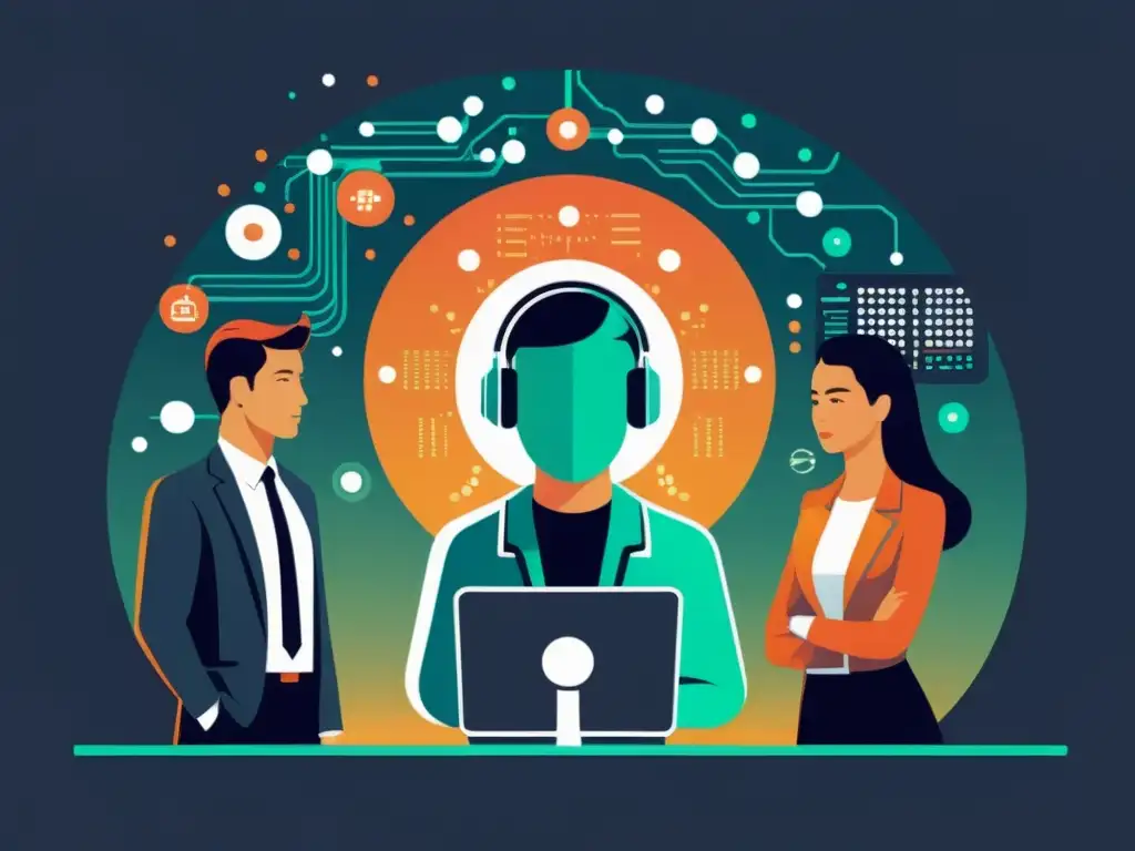 Pioneros de la IA tecnologías emergentes colaboran en avances tecnológicos bajo el resplandor de un futurista ordenador