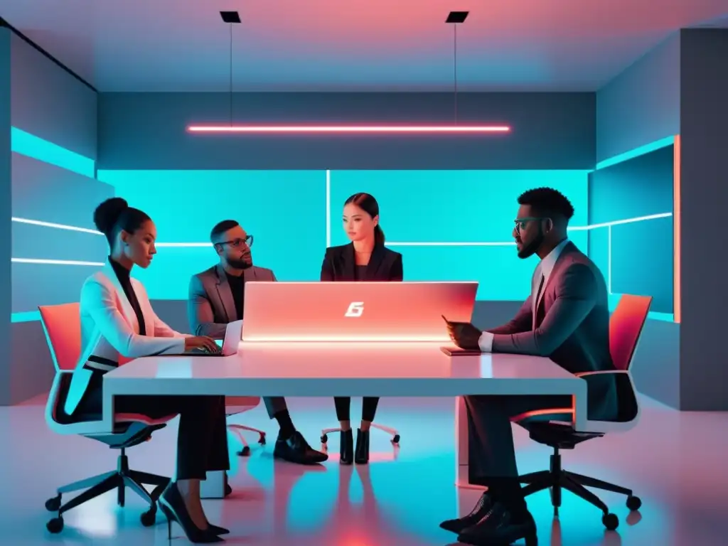 Pioneros de la IA tecnologías emergentes colaborando en un espacio futurista y minimalista con toques de neón