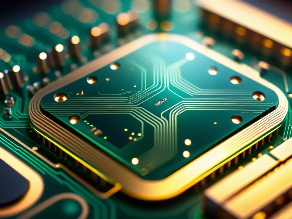 Patrón brillante de circuitos: blockchain y Bitcoin Una placa de circuito con microchips y circuitos iluminados, evocando la sofisticación tecnológica del consumo energético de Bitcoin Blockchain