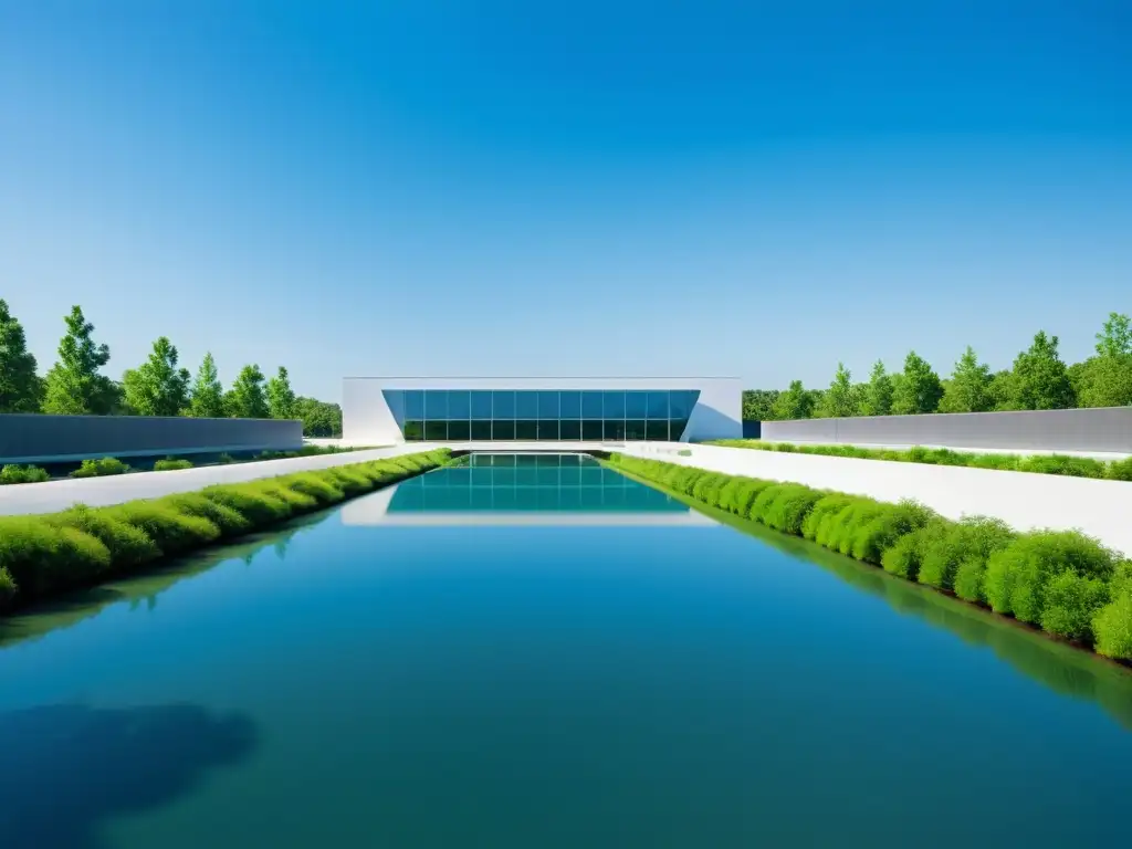 Planta moderna de tratamiento de agua en armonía con la naturaleza, reflejando transparencia y conciencia ambiental