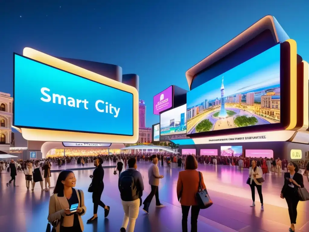 Plaza de Smart City con 5G: entretenimiento y arquitectura futurista en la vibrante noche de la ciudad inteligente