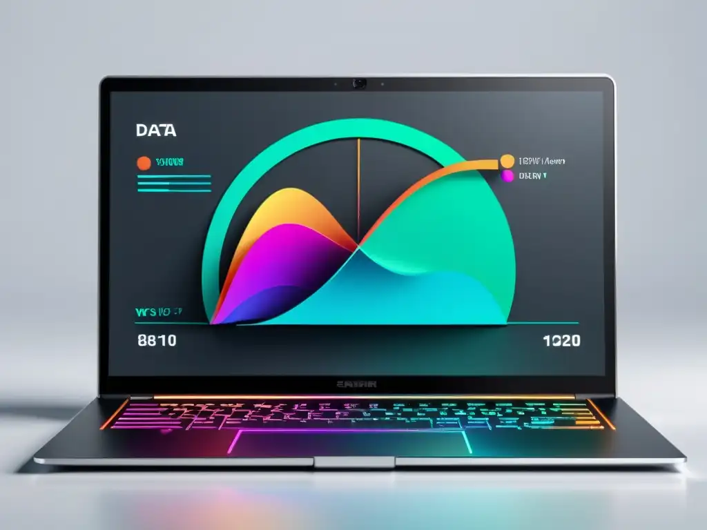 Portátil moderno con interfaz futurista y gráficos dinámicos, en un fondo blanco