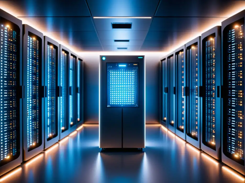 Supercomputadora futurista y servidores de datos: poder y sofisticación para la predicción del clima con Big Data Potente supercomputadora rodeada de servidores de datos, simbolizando la predicción de fenómenos meteorológicos extremos con Big Data