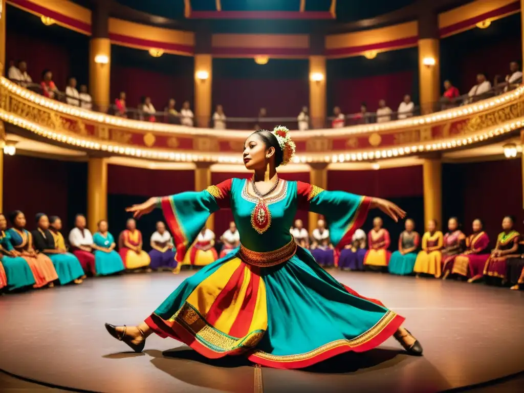 Una presentación de danza cultural tradicional en un teatro ornamentado, con movimientos energéticos y trajes coloridos