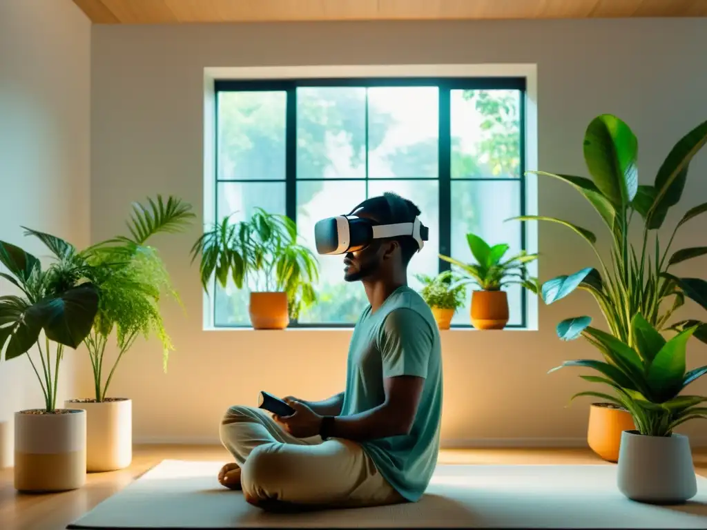 'Prevención del deterioro cognitivo con realidad virtual: Persona en realidad virtual, tranquila, concentrada, en un entorno minimalista y sereno