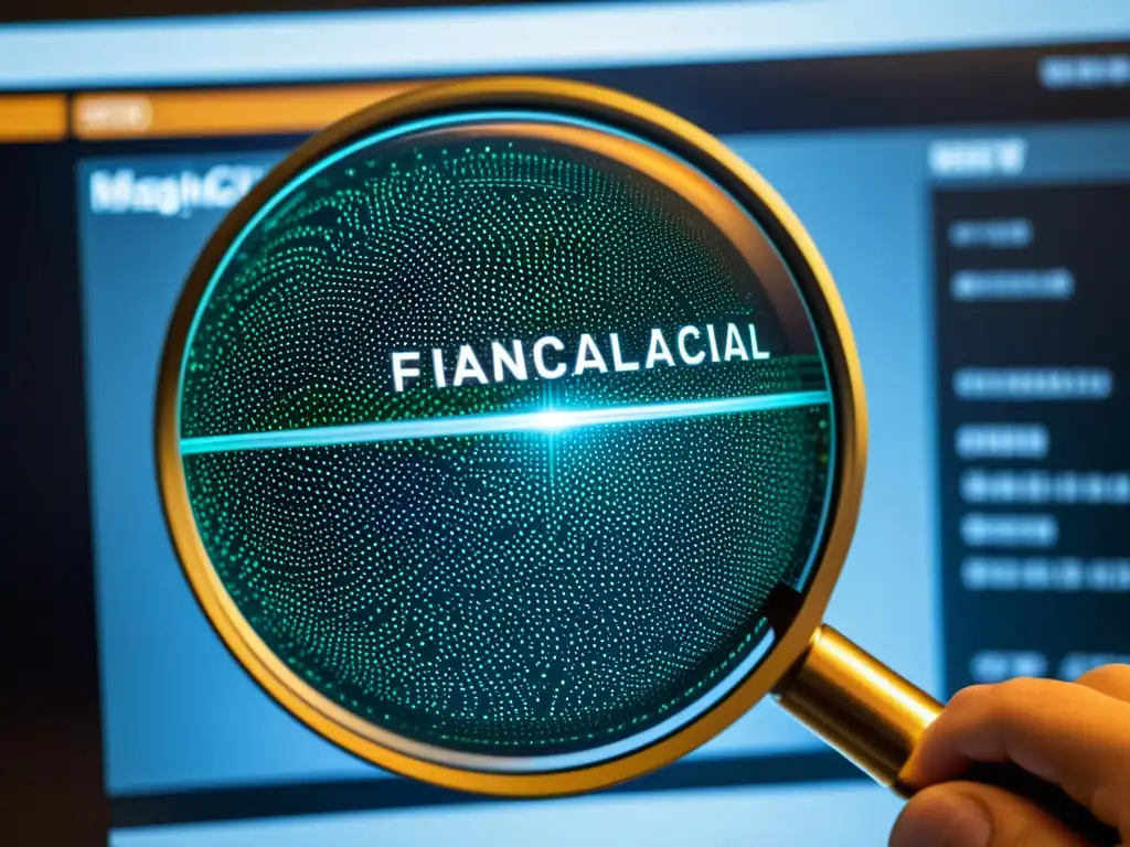 Prevención de fraude financiero: análisis detallado de datos financieros en pantalla, con lupa y efecto visual hipnótico