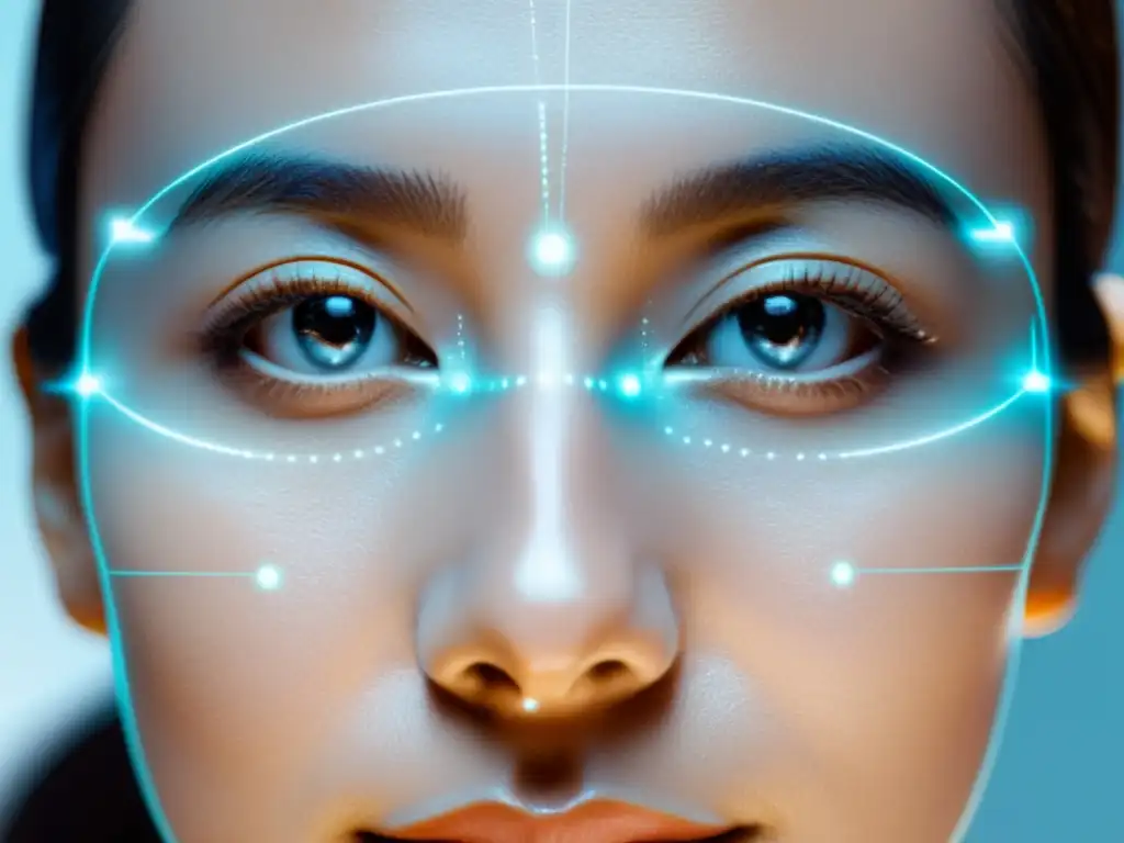 Un primer plano de alta resolución de un rostro con puntos y líneas de reconocimiento facial, tecnología de reconocimiento facial en marketing