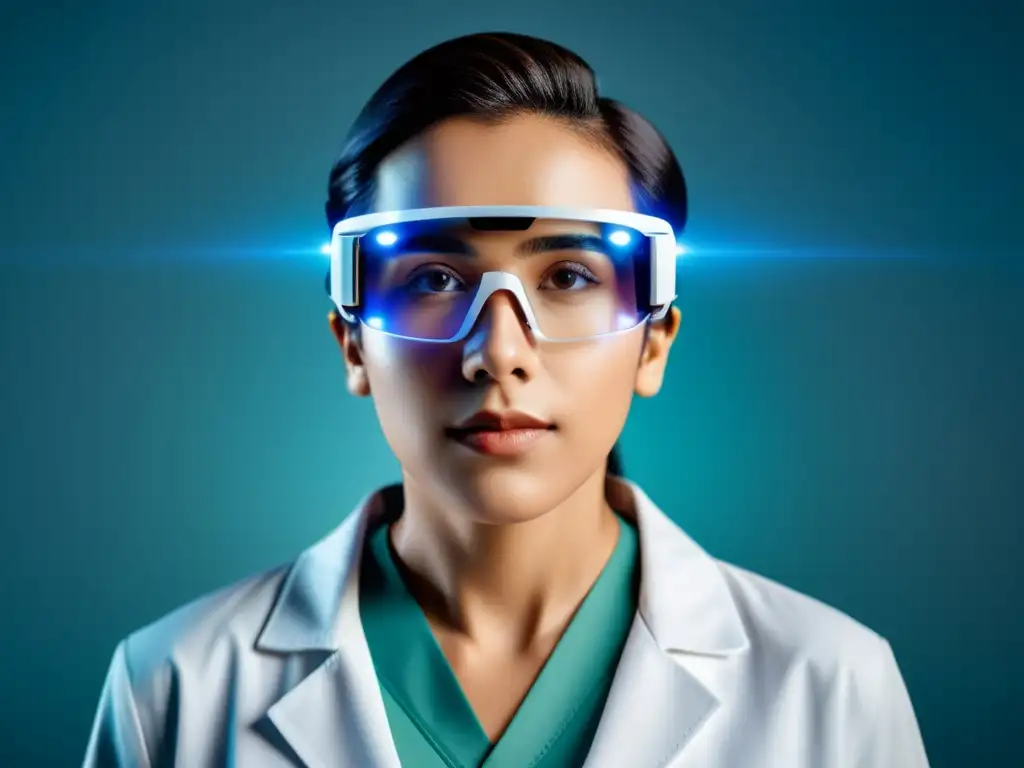 Un profesional en un entorno de atención médica usando gafas de realidad aumentada para interactuar con datos médicos virtuales