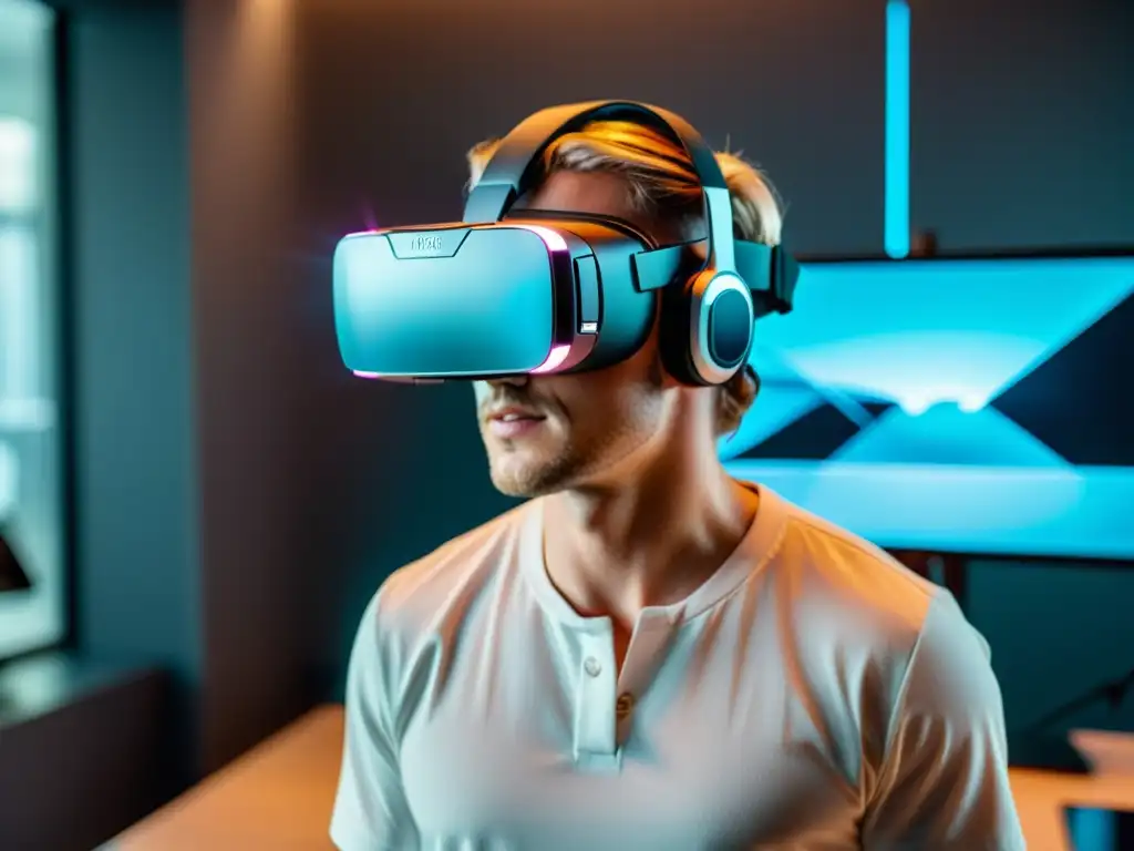Un profesional en un entorno de realidad virtual futurista, rodeado de herramientas de realidad aumentada