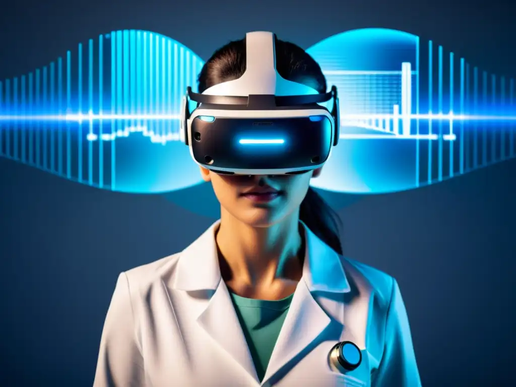 Un profesional médico con auriculares de realidad virtual rodeado de visualizaciones de datos, en un entorno futurista