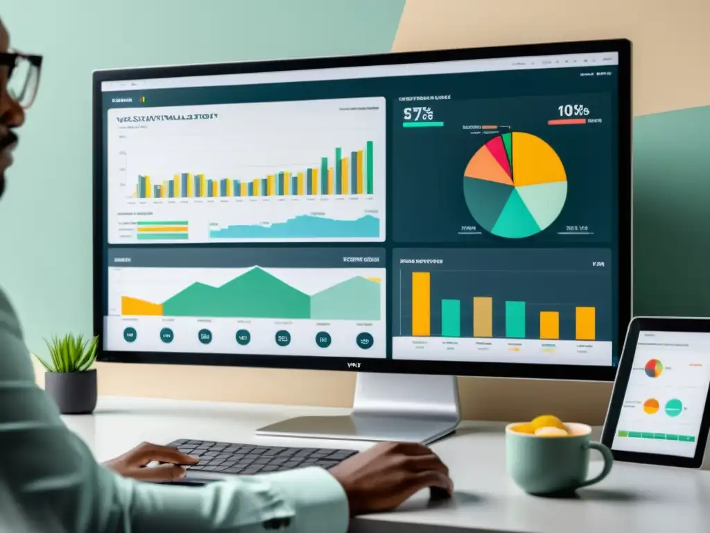 Un profesional se sumerge en técnicas de storytelling para análisis de datos, utilizando herramientas de visualización en un espacio minimalista y moderno