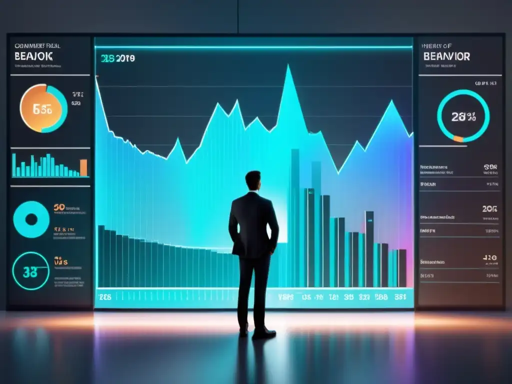 Profesional analiza tendencias de comportamiento del consumidor en holograma, rodeado de tecnología de analítica predictiva