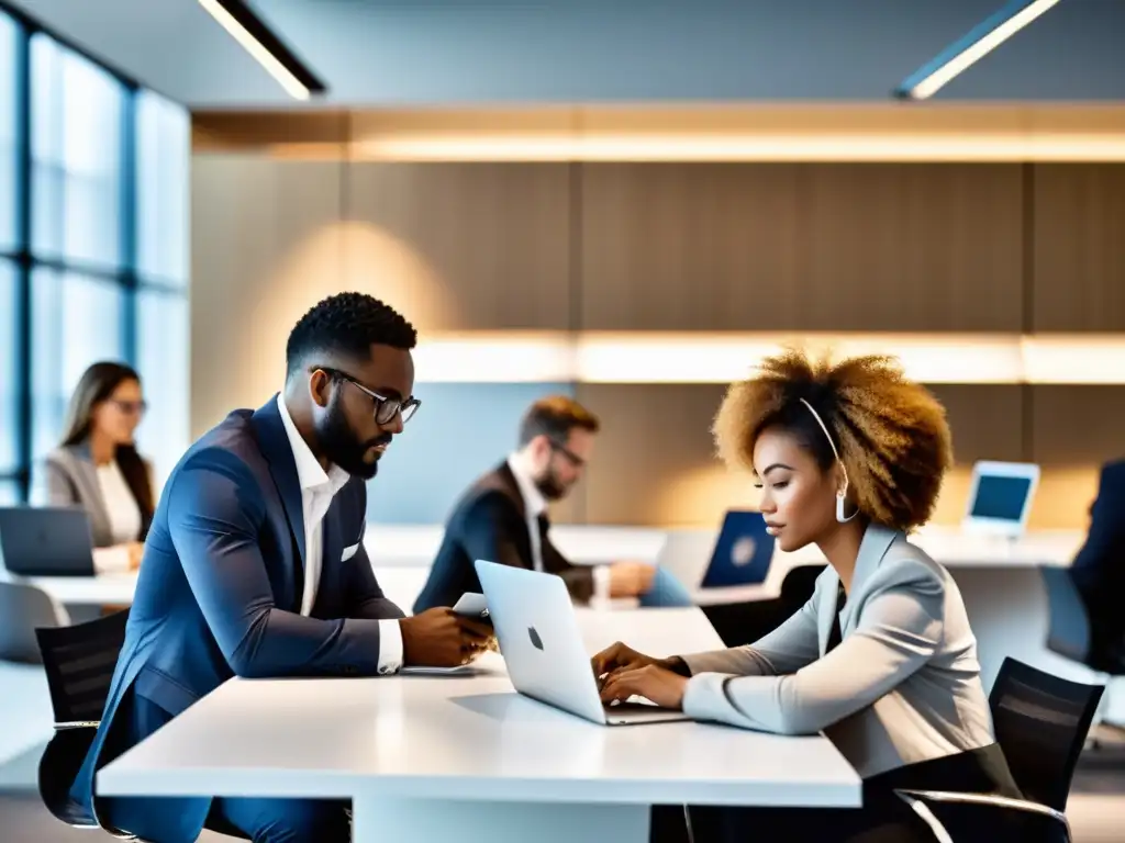 Profesionales trabajando en dispositivos en una oficina moderna