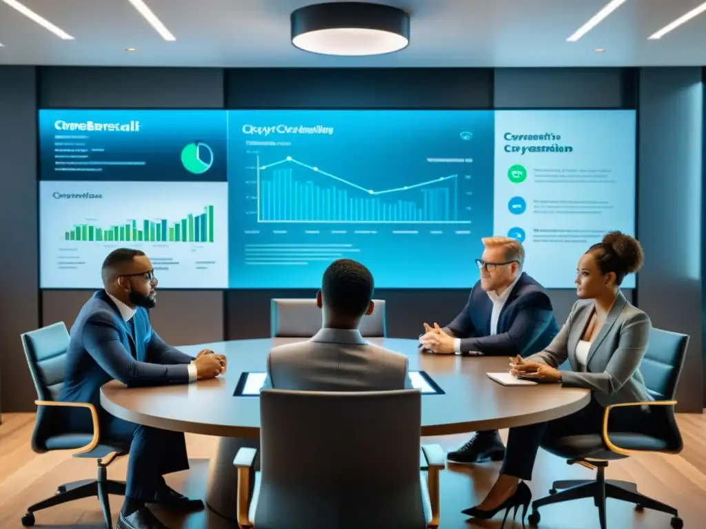 Profesionales expertos colaboran en estrategias de ciberseguridad Profesionales diversificados discuten prácticas de ciberseguridad en una sala moderna