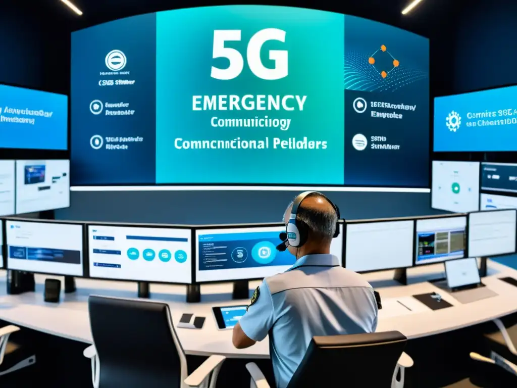 Profesionales de la gestión de emergencias con 5G coordinando respuesta a crisis con tecnología avanzada y eficiencia profesional