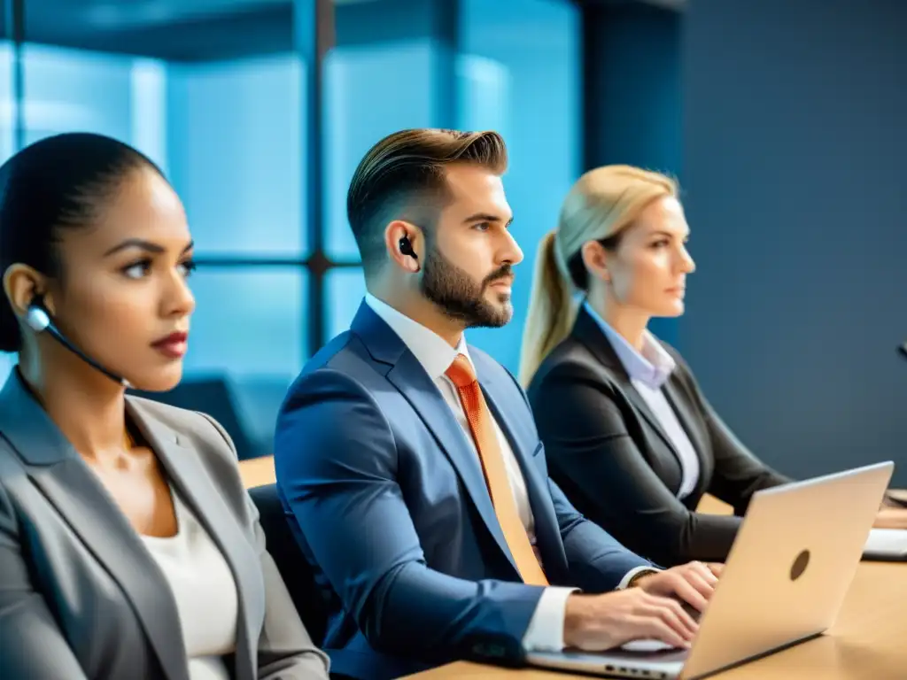 Profesionales participan en entrenamiento en simulacros de phishing, mostrando concentración en una sala de conferencias luminosa