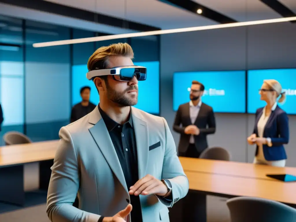 Profesionales usando gafas de realidad aumentada en oficina moderna