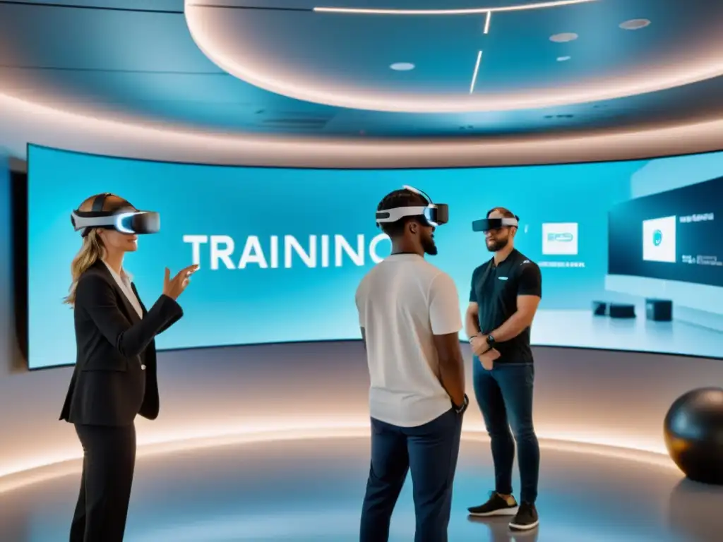 Profesionales inmersos en entrenamiento virtual con realidad mixta en un espacio futurista