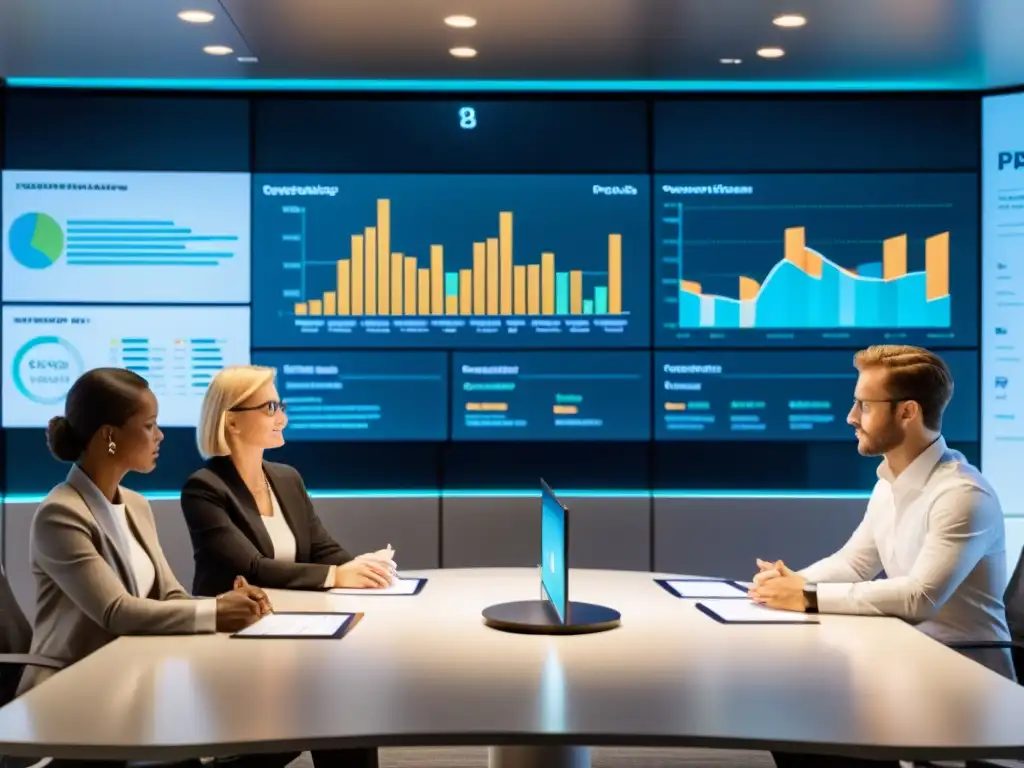 Profesionales colaborando en la integración de visualización de datos y machine learning en una mesa de conferencias futurista