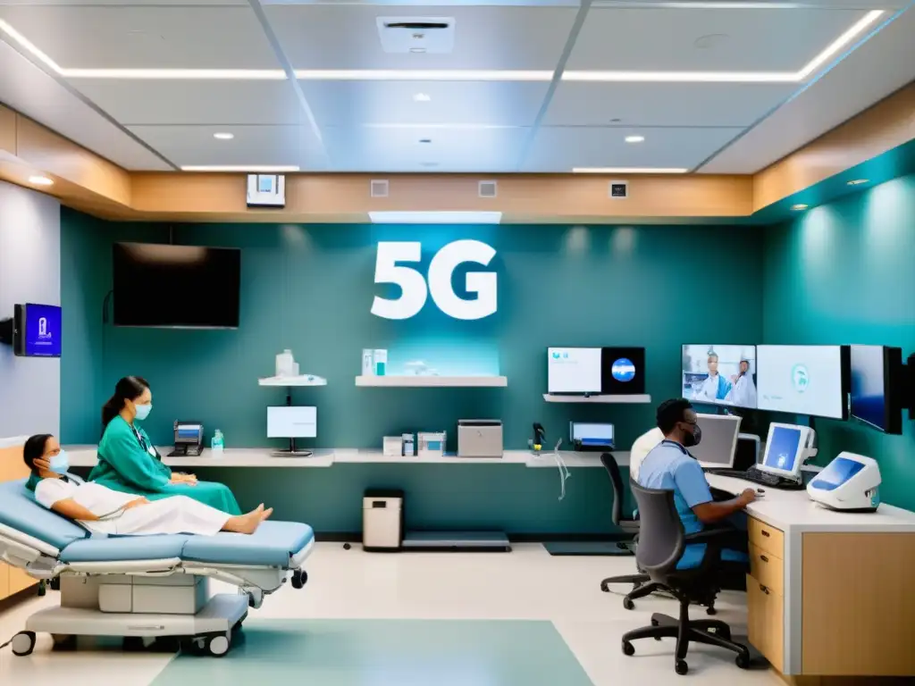 Profesionales médicos atienden pacientes en una sala de emergencias con tecnología 5G para telesalud emergencias tecnologías 5G