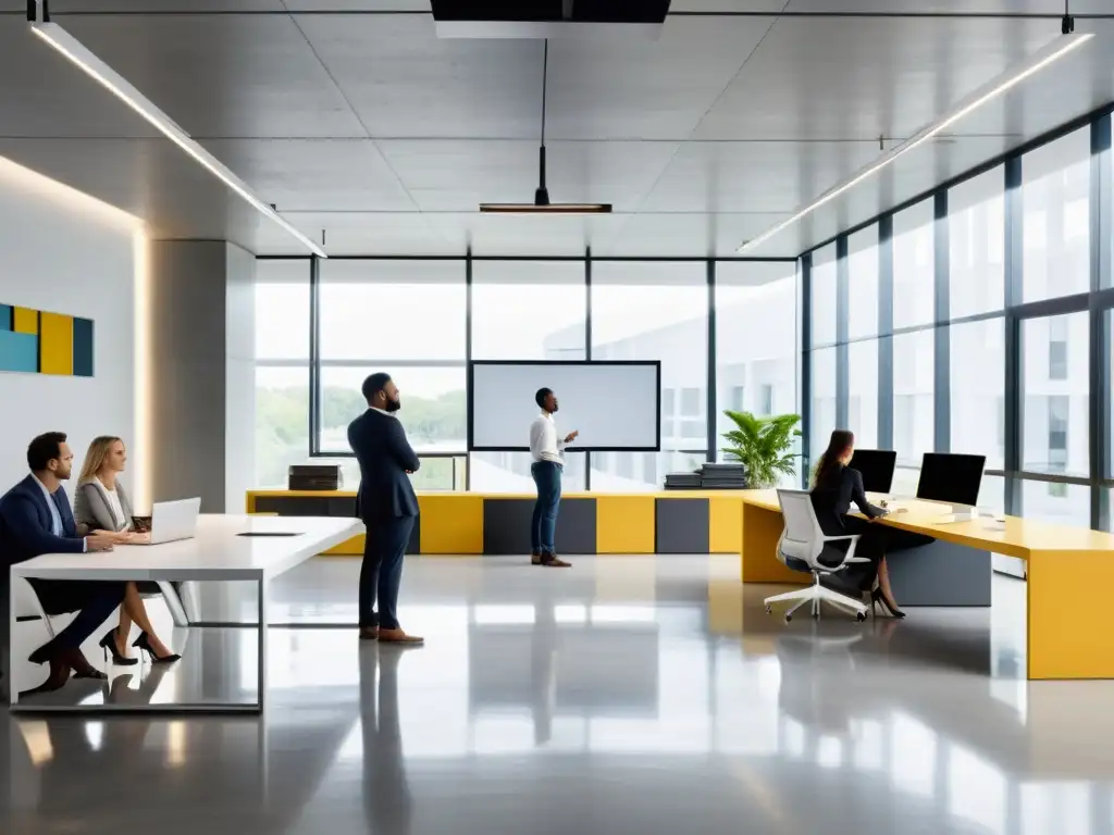 Profesionales en una oficina moderna, discutiendo estrategias de marketing de contenidos tecnológicos frente a una pantalla de datos