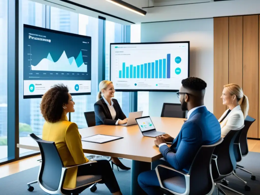 Reunión innovadora: Gestión de recursos humanos con tecnología AI Profesionales colaborando en una oficina moderna con tecnología avanzada para la gestión de recursos humanos