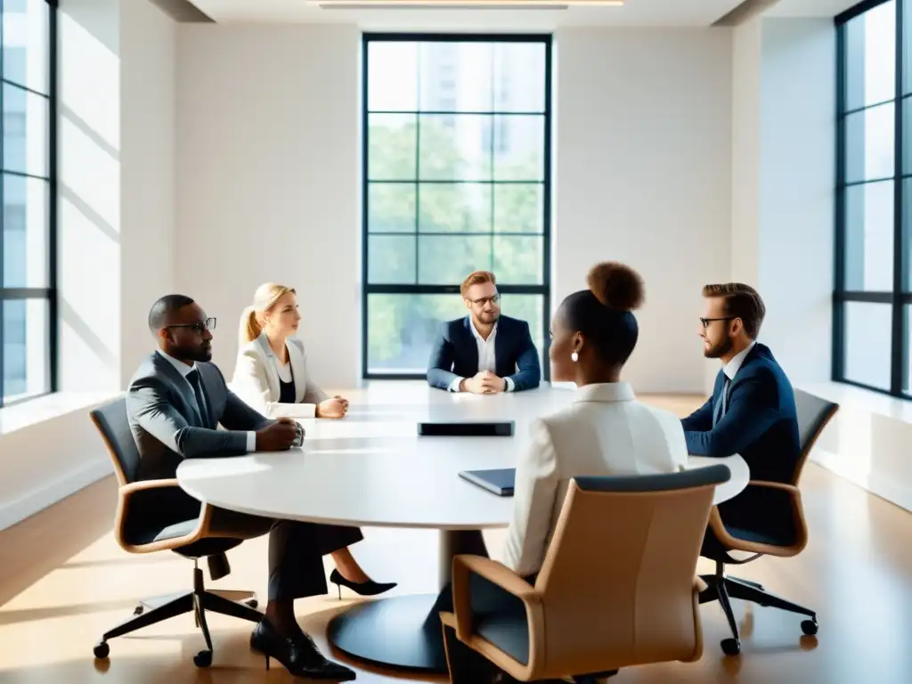 Profesionales en reunión de brainstorming, ambiente moderno y elegante