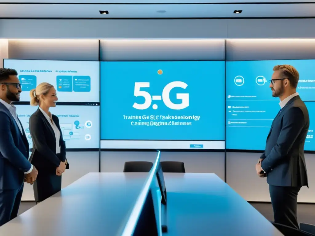 Profesionales participando en una sesión de formación en tecnologías 5G emergentes en un entorno moderno e innovador, colaborativo y enfocado