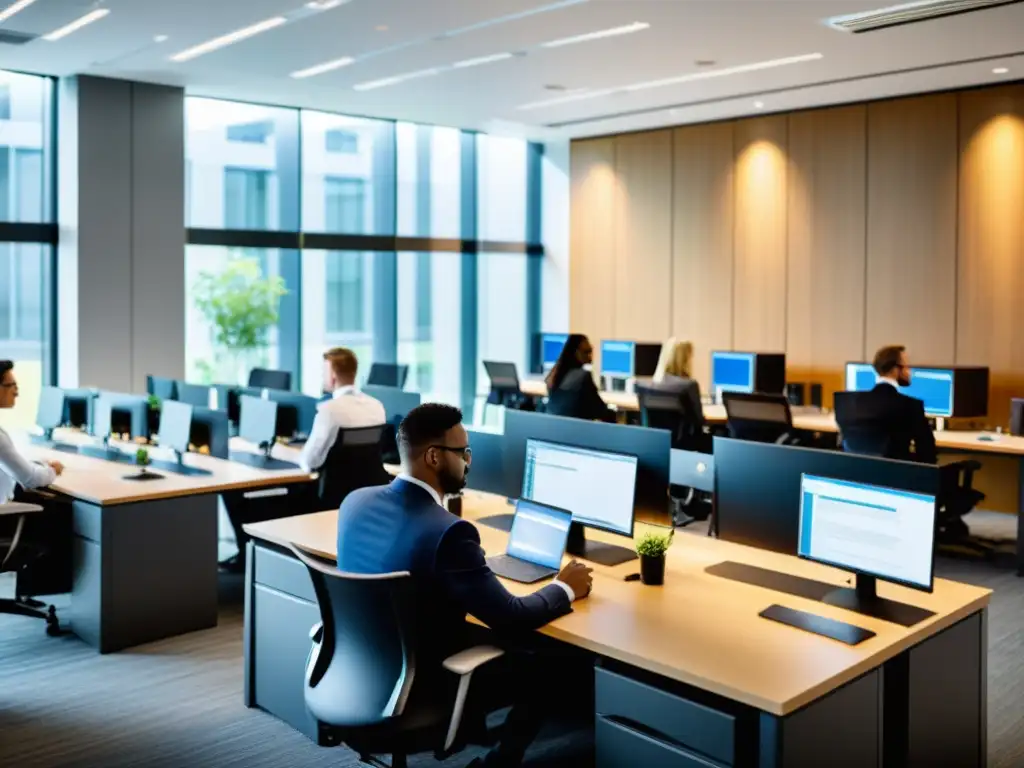 Profesionales en traje de negocios participan en un entrenamiento antihackeo para equipos en un laboratorio moderno y luminoso