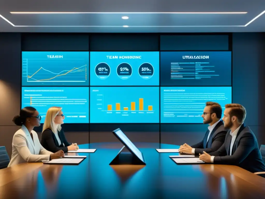 Profesionales analizan visualizaciones de datos para decisiones en moderna sala de juntas