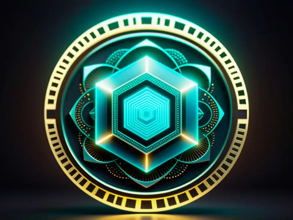 Diseño tokenomics proyecto tecnología emergente: Imagen de un elegante y futurista token en 8k con patrones geométricos e elementos holográficos, iluminado por un suave resplandor en un fondo oscuro, transmitiendo innovación y sofisticación