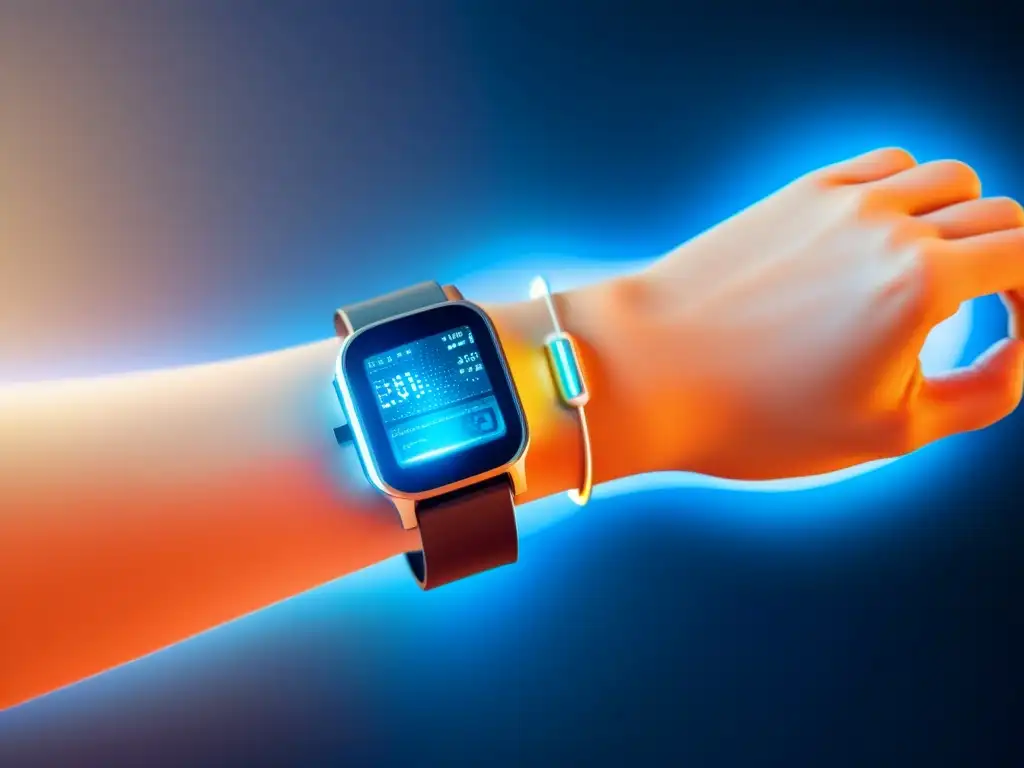 Monitor de salud futurista integrado en la muñeca Una pulsera futurista de monitorización remota de pacientes con IA integrada en un atuendo moderno, en un entorno médico avanzado