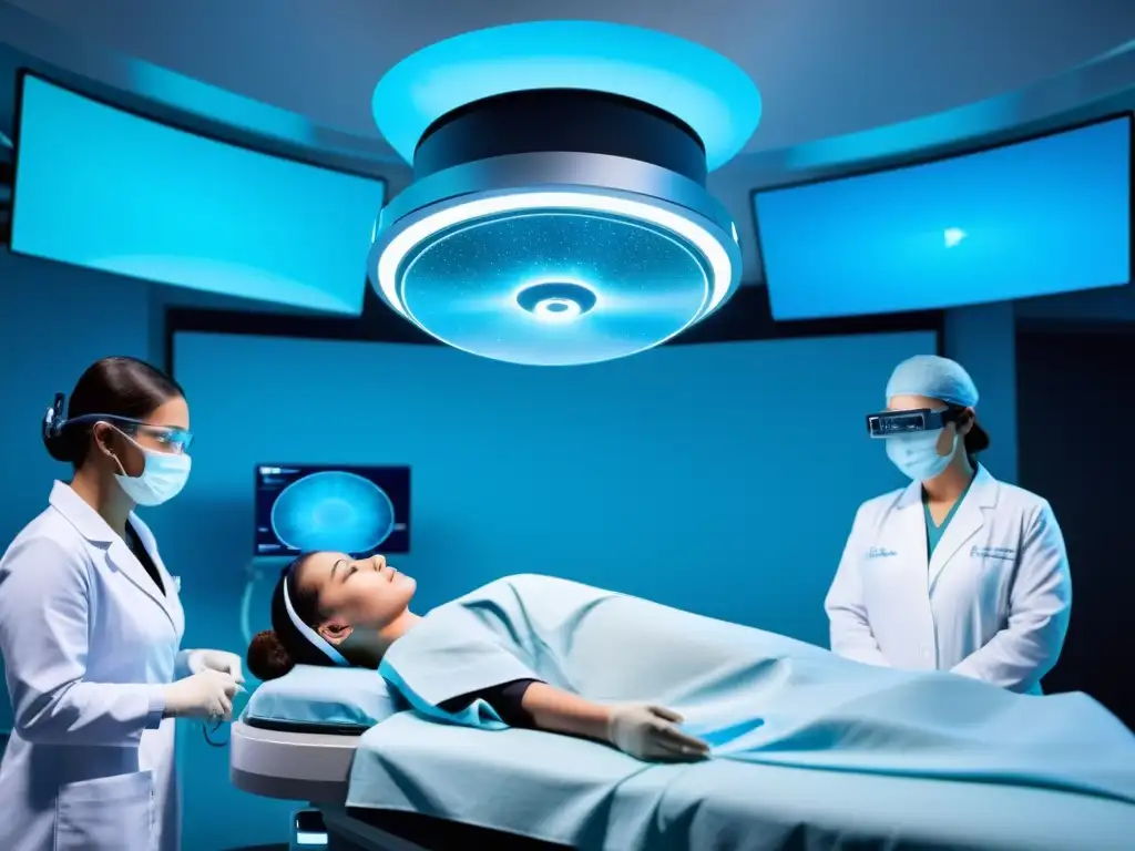 Sala de operaciones futurista con AR en cirugía Un quirófano futurista con pantallas holográficas muestra datos médicos y superposiciones de RA, creando una atmósfera avanzada