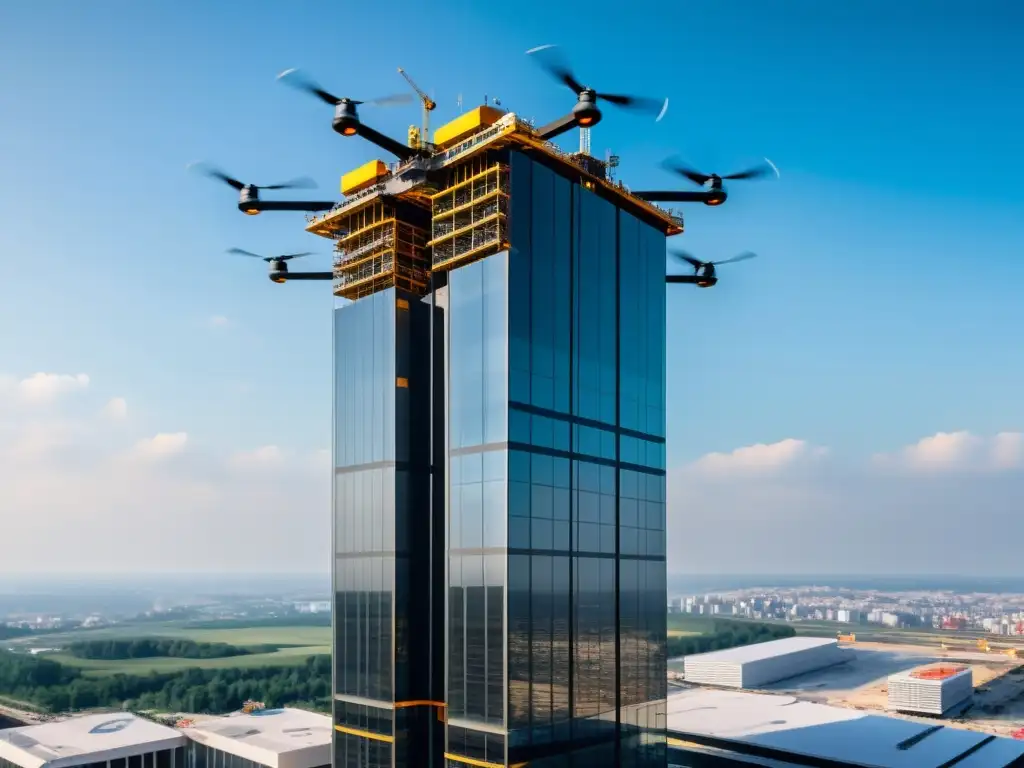 Un rascacielos futurista en construcción con drones zumbando alrededor, mostrando la integración de la tecnología avanzada en la construcción