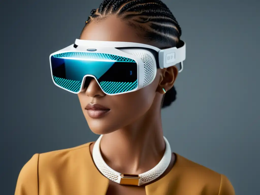 Realidad aumentada en accesorios de moda: un headset futurista muestra diseños digitales sobre un elegante accesorio, fusionando tecnología y estilo