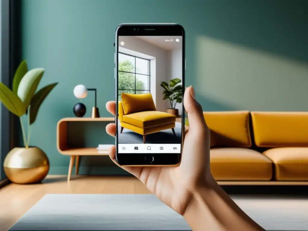 Realidad aumentada en comercio electrónico: Smartphone muestra visualización 3D de mueble en ambiente minimalista bien iluminado