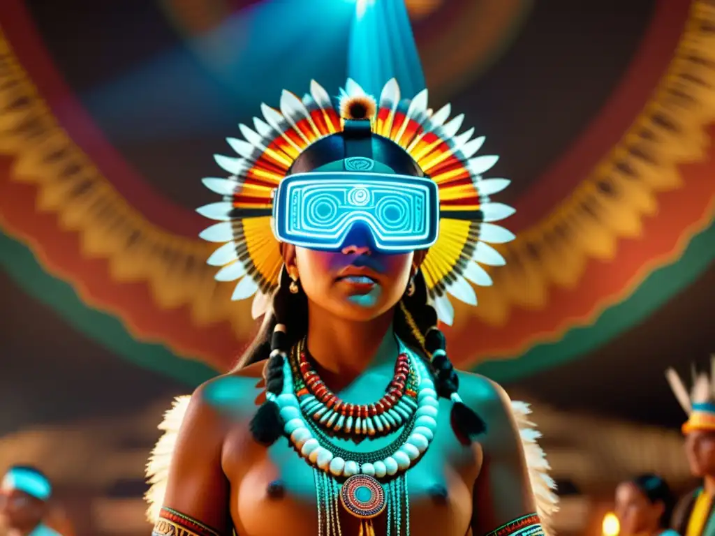 Realidad virtual y aumentada en rescate cultural: Ceremonia indígena proyectada en detalle a través de gafas AR, fusionando tecnología y tradición