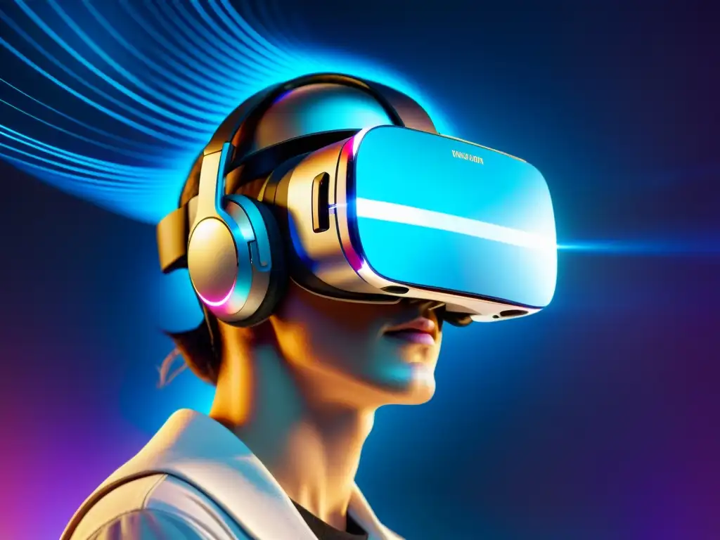 Realidad virtual en videojuegos: Impactante imagen de un headset suspendido en el aire con hologramas futuristas emanando de las lentes, representando el impacto de la tecnología VR en la industria del gaming