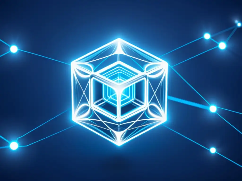 Una red blockchain estilizada en una imagen 8k ultradetallada, con nodos interconectados y datos fluyendo entre ellos en tonos de indigo, azul eléctrico y plateado, creando una representación visualmente impactante y moderna de la tecnología blockchain en la economía de tokens y nuevas econom