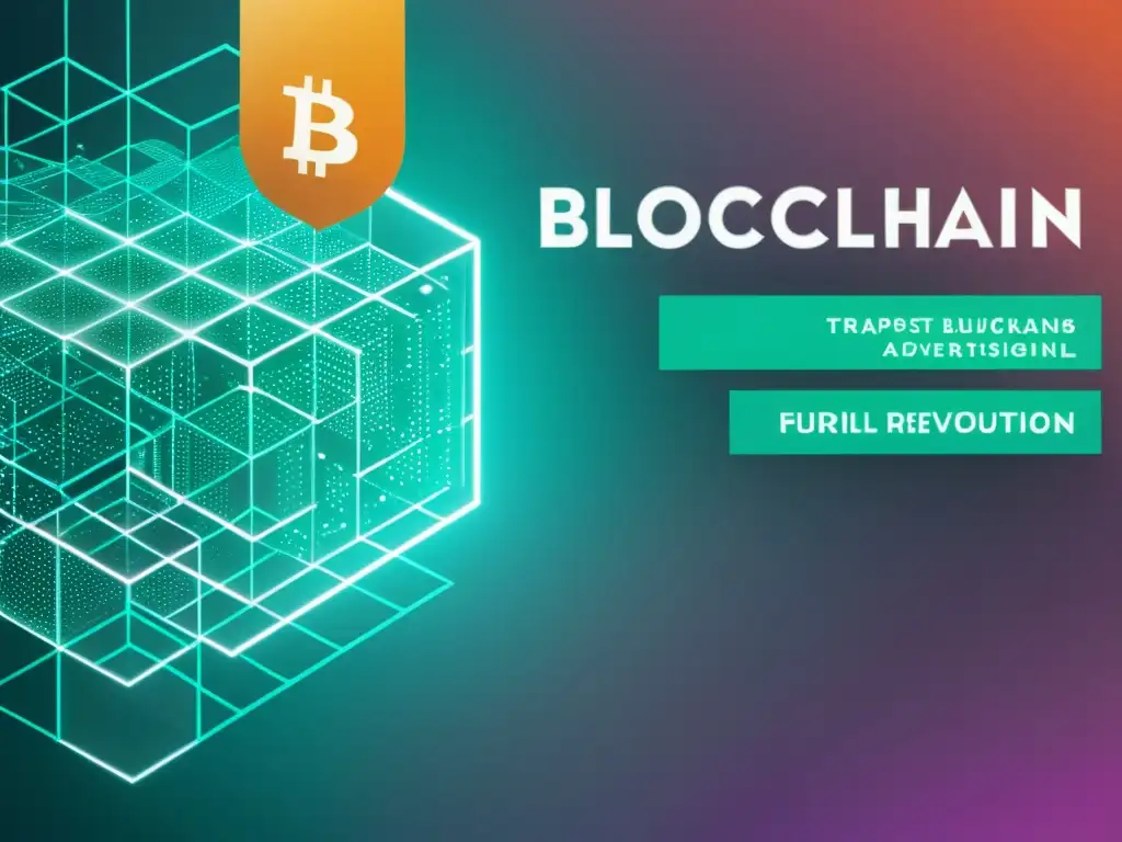 Red de blockchain transparente: transformación ética en publicidad digital Una red blockchain transparente con campañas publicitarias digitales, destacando la transparencia en publicidad digital con blockchain