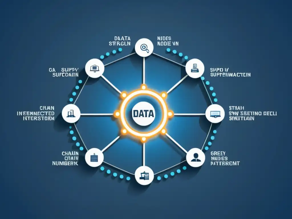 Una red de cadena de suministro con nodos interconectados y datos fluyendo entre ellos en líneas brillantes, evocando eficiencia y avance tecnológico