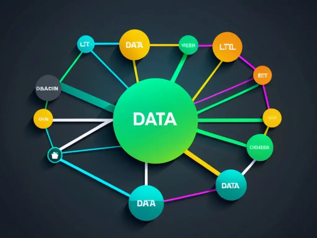 Una red de datos interconectados en un diagrama moderno, con líneas neón vibrantes, ilustra procesos críticos de integración de datos masivos