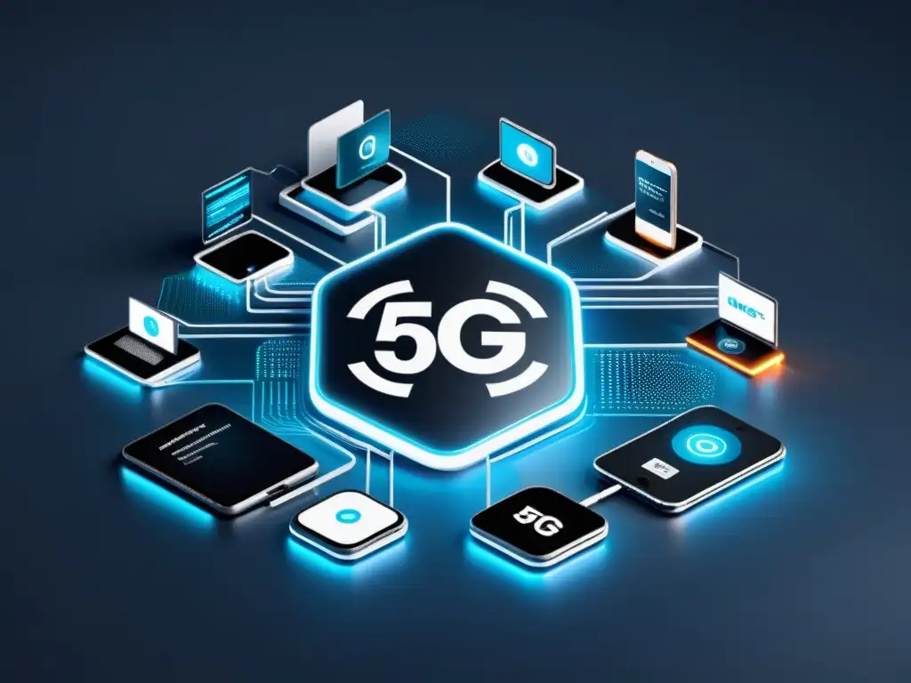 Red 5G interconectada: Estética moderna y alta tecnología Red de dispositivos 5G interconectados en un entorno moderno, destacando la interoperabilidad en 5G con líneas limpias y estética de alta tecnología