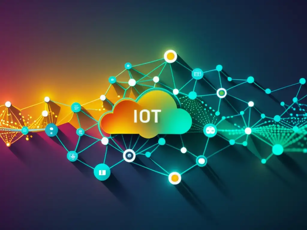 Red de dispositivos IoT interconectados con flujos de datos, representando la predicción de tendencias mercado IoT en una atmósfera moderna y dinámica