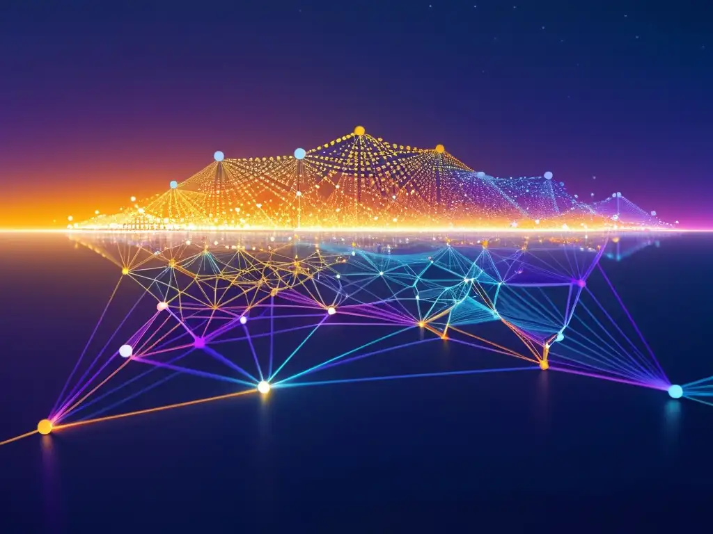 Una red expansiva de datos con intrincados patrones y transición de colores, transmitiendo la importancia de las 3Vs del Big Data