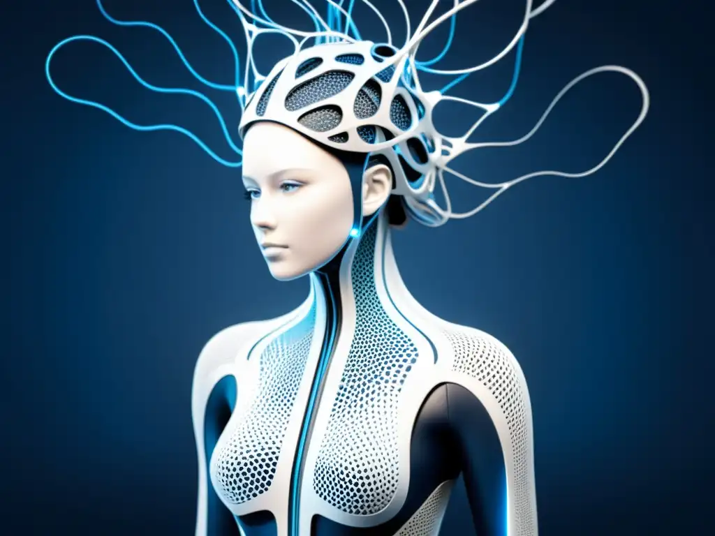 Una red neural futurista en tonos de azul y blanco sobre fondo oscuro, transmite sofisticación y avance tecnológico