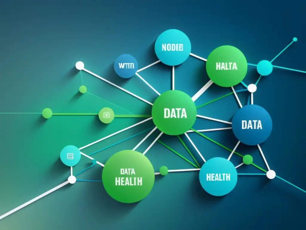 Red de nodos de datos de salud en visualización de Big Data, con diseño moderno y preciso en tonos azules y verdes