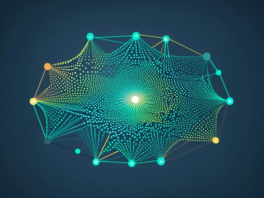 Una red de nodos interconectados en tonos fríos, simbolizando la complejidad de la minería de datos en tecnologías emergentes