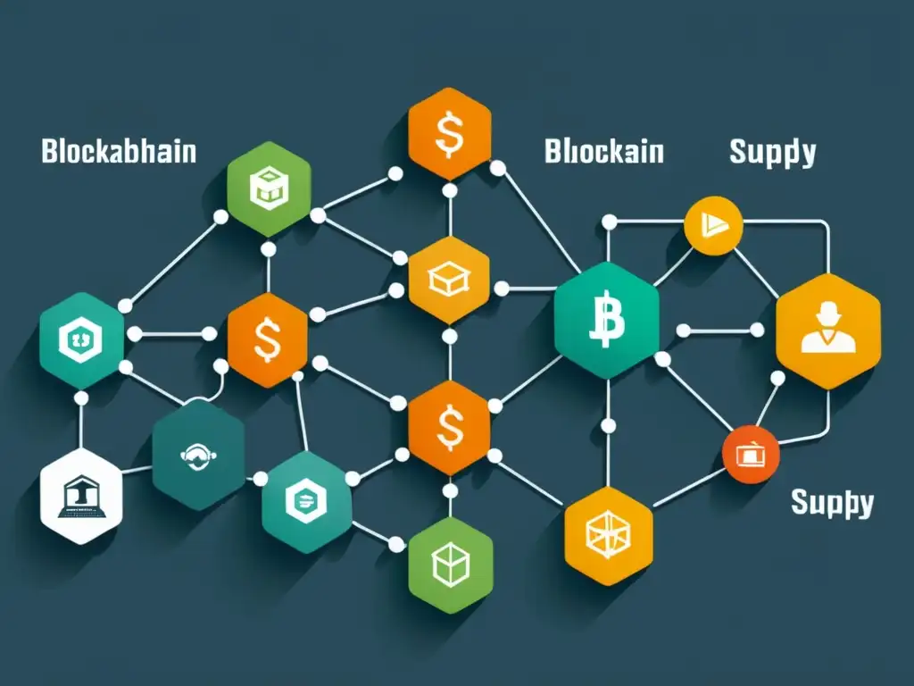 Red de suministro con tecnología blockchain y transparencia en cadena: nodos interconectados representan las diferentes etapas del proceso